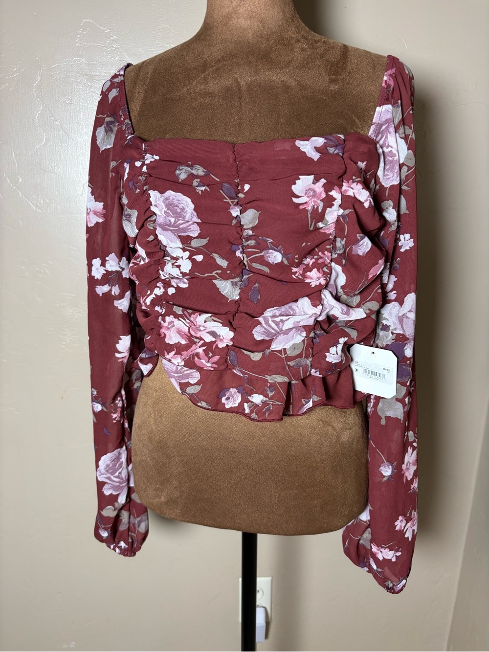 Altar'd State Rose-Print Burgundy Ruched Square-Neck Blouse